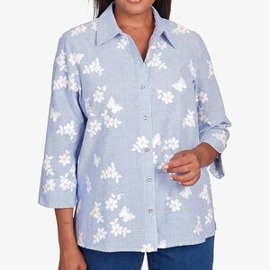 Alfred Dunner Embroidered Floral Butterfly Stripe Button Down Top